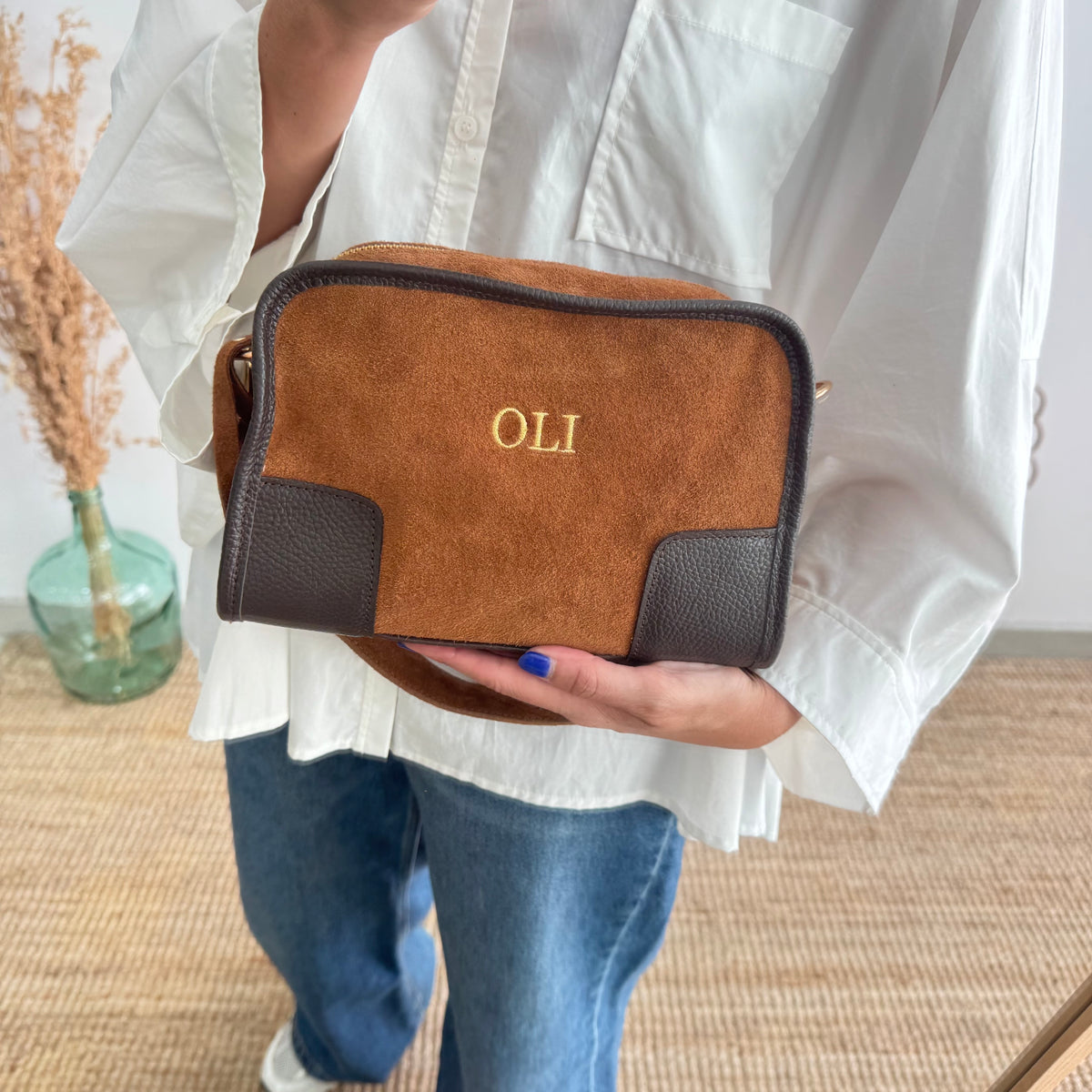 Bolso baúl serraje camel y piel marrón