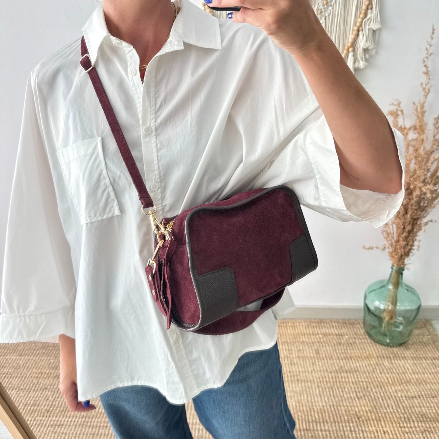Bolso baúl serraje granate y piel marrón