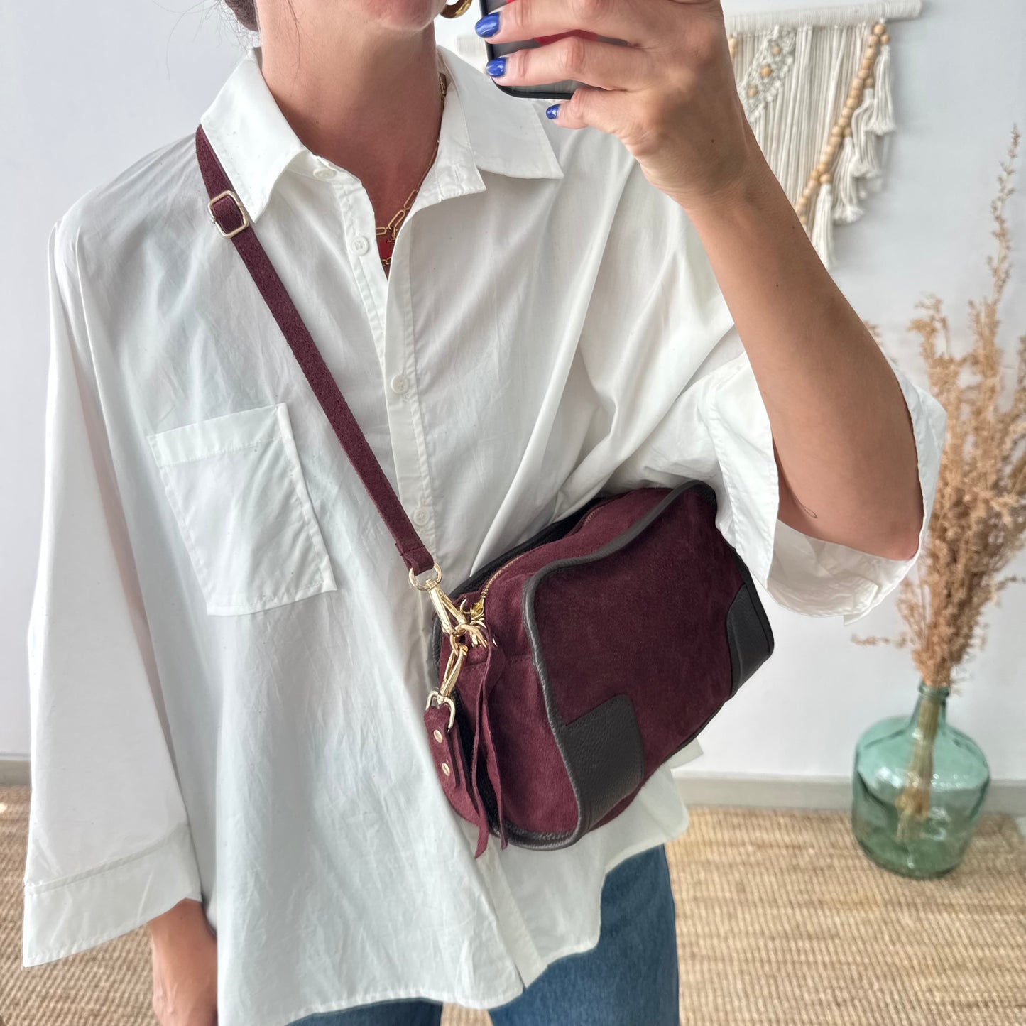 Bolso baúl serraje granate y piel marrón