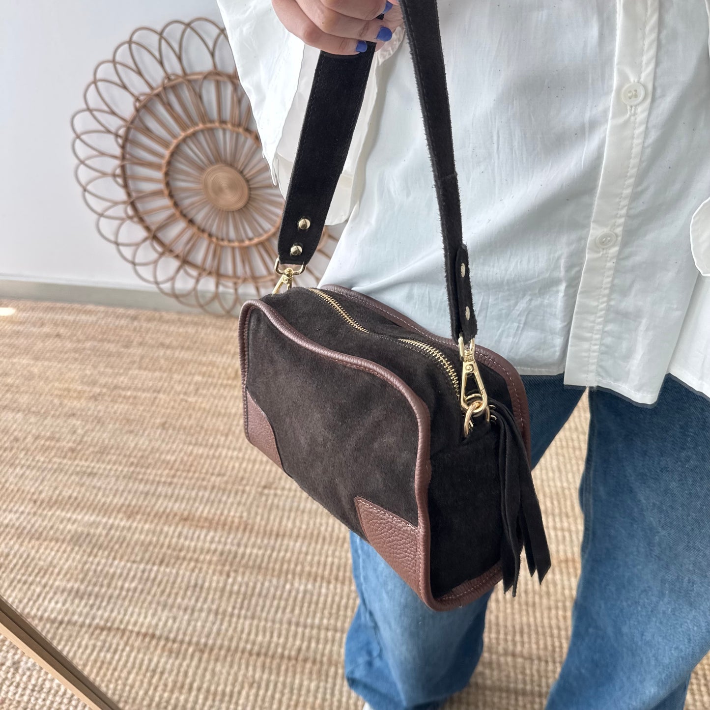 Bolso baúl serraje marrón y piel marrón