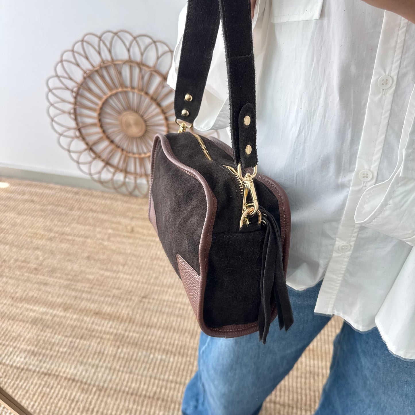 Bolso baúl serraje marrón y piel marrón
