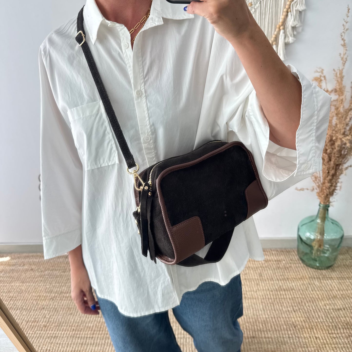 Bolso baúl serraje marrón y piel marrón