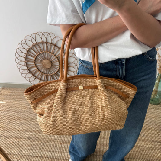 Bolso saco estructurado rafia y piel camel