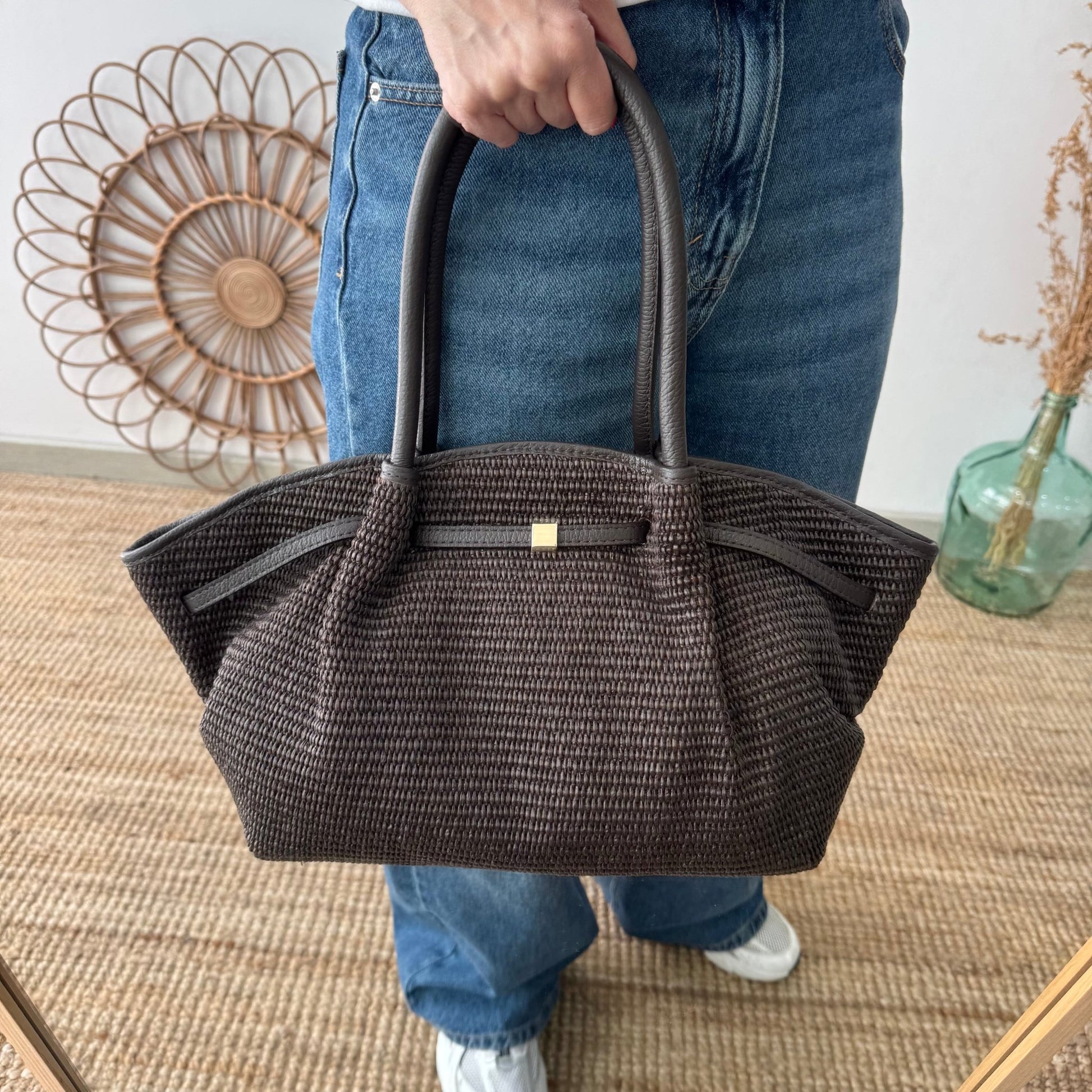 Bolso saco estructurado rafia y piel marrón - Bubbleshopbcn