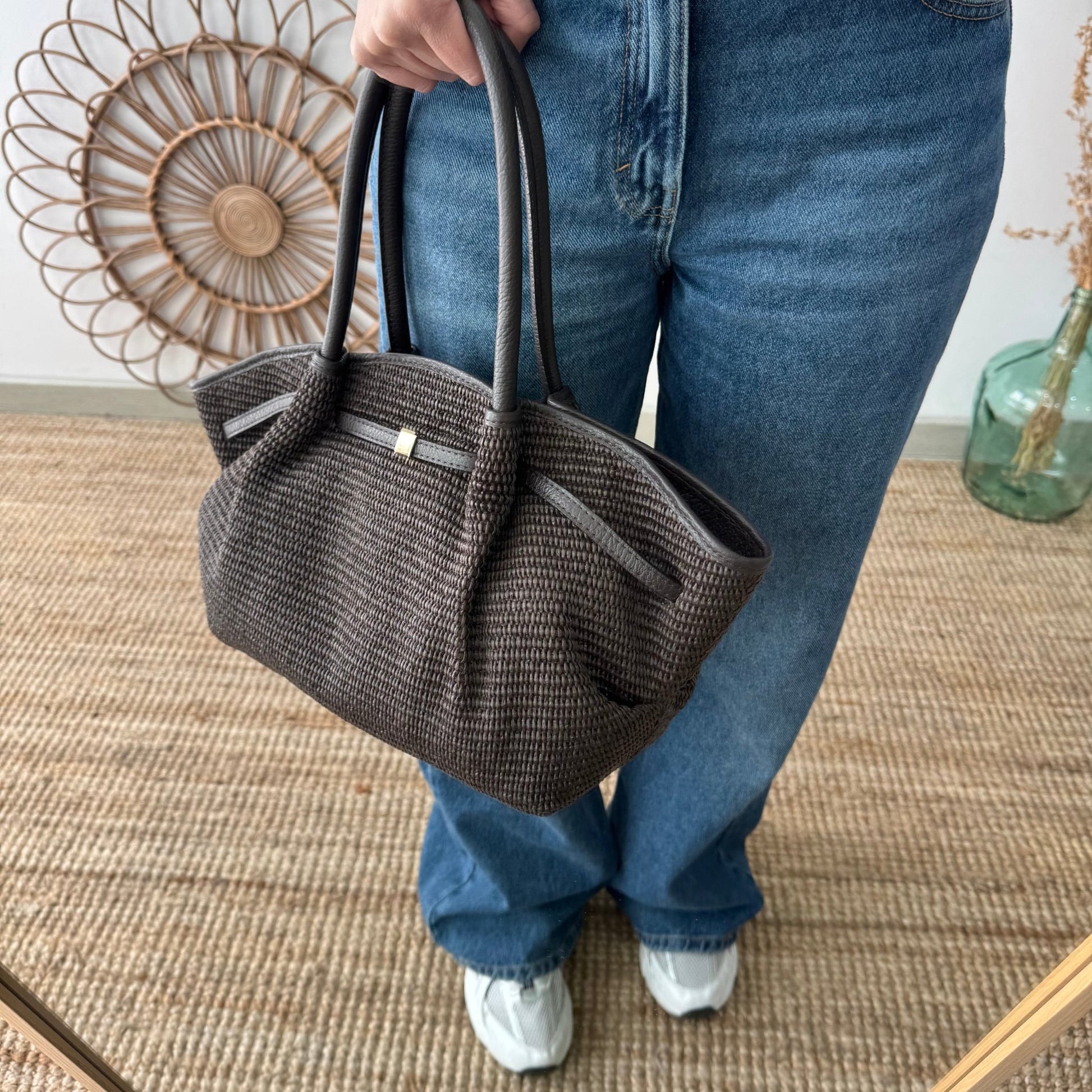 Bolso saco estructurado rafia y piel marrón - Bubbleshopbcn