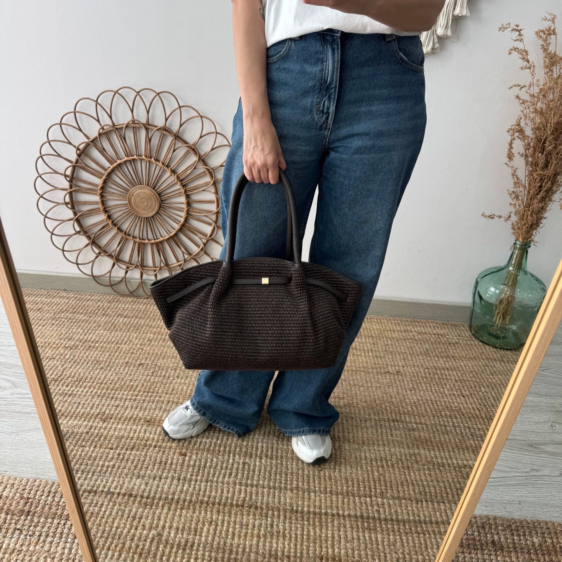 Bolso saco estructurado rafia y piel marrón - Bubbleshopbcn