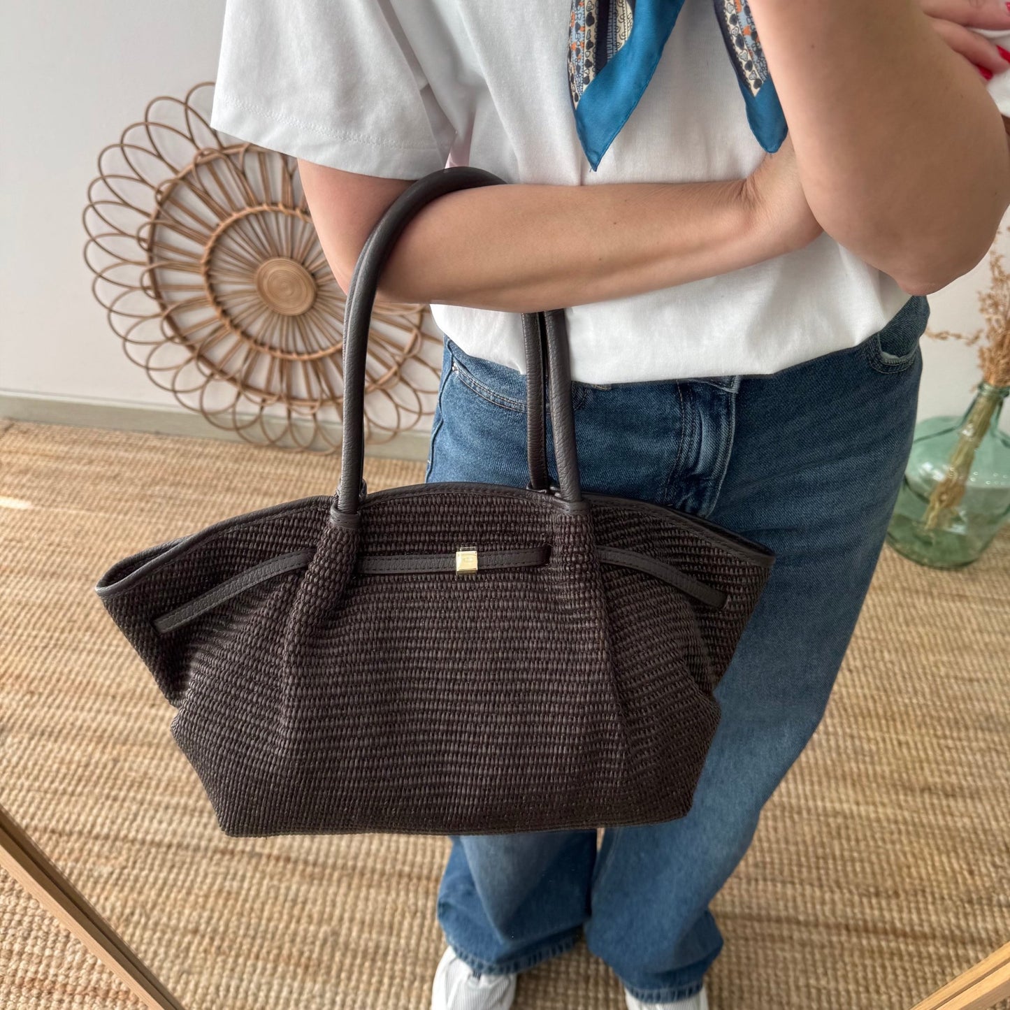 Bolso saco estructurado rafia y piel marrón - Bubbleshopbcn