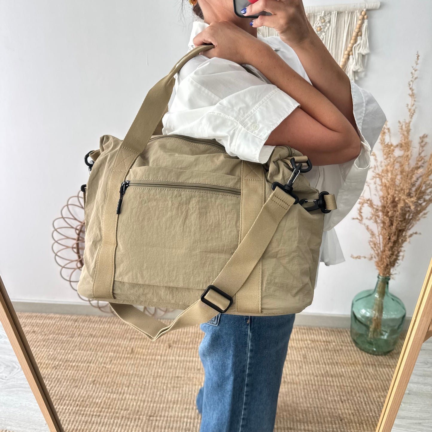 Bolso nylon multibolsillos beige