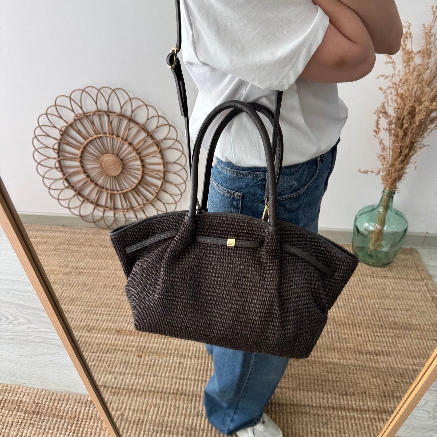 Bolso saco estructurado rafia y piel marrón - Bubbleshopbcn