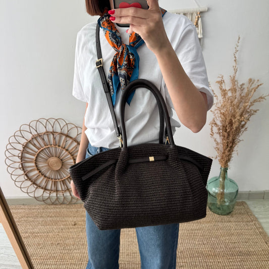 Bolso saco estructurado rafia y piel marrón - Bubbleshopbcn