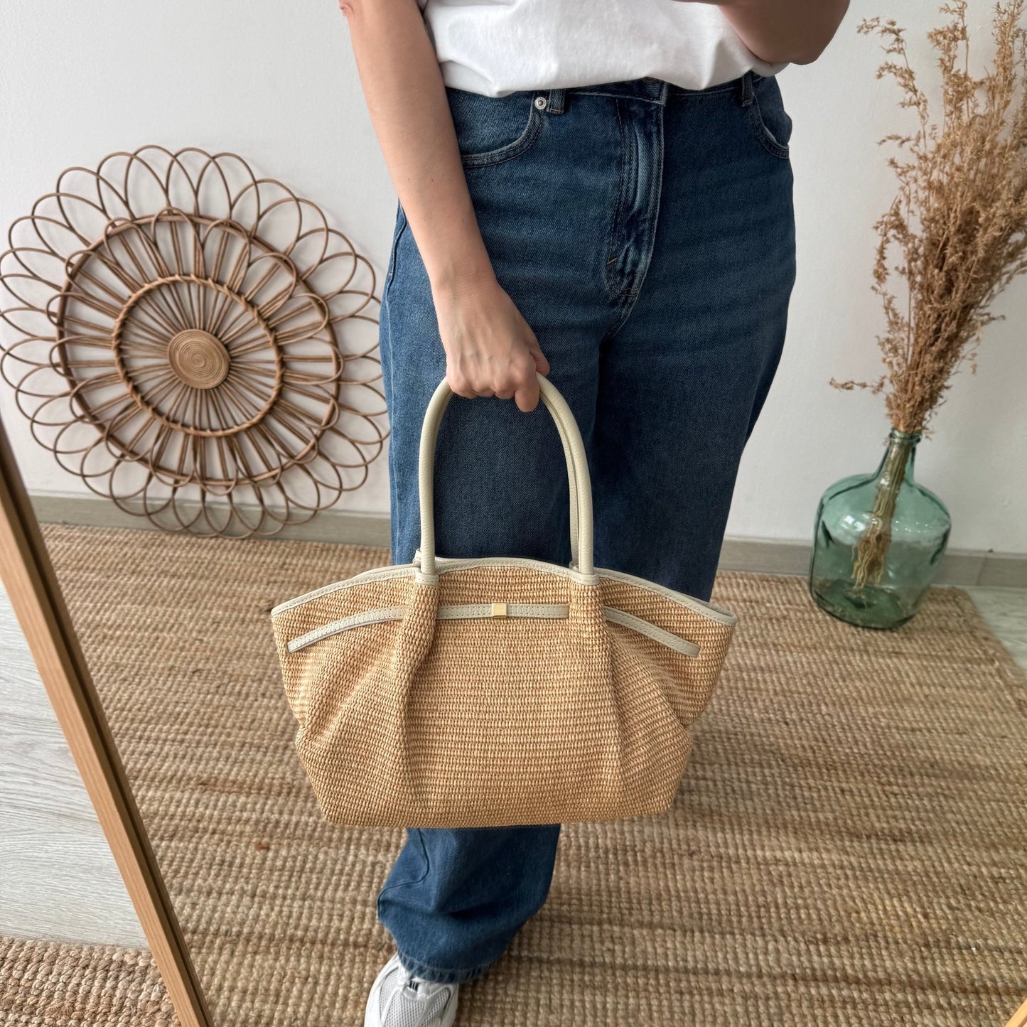 Bolso saco estructurado rafia y piel beige - Bubbleshopbcn