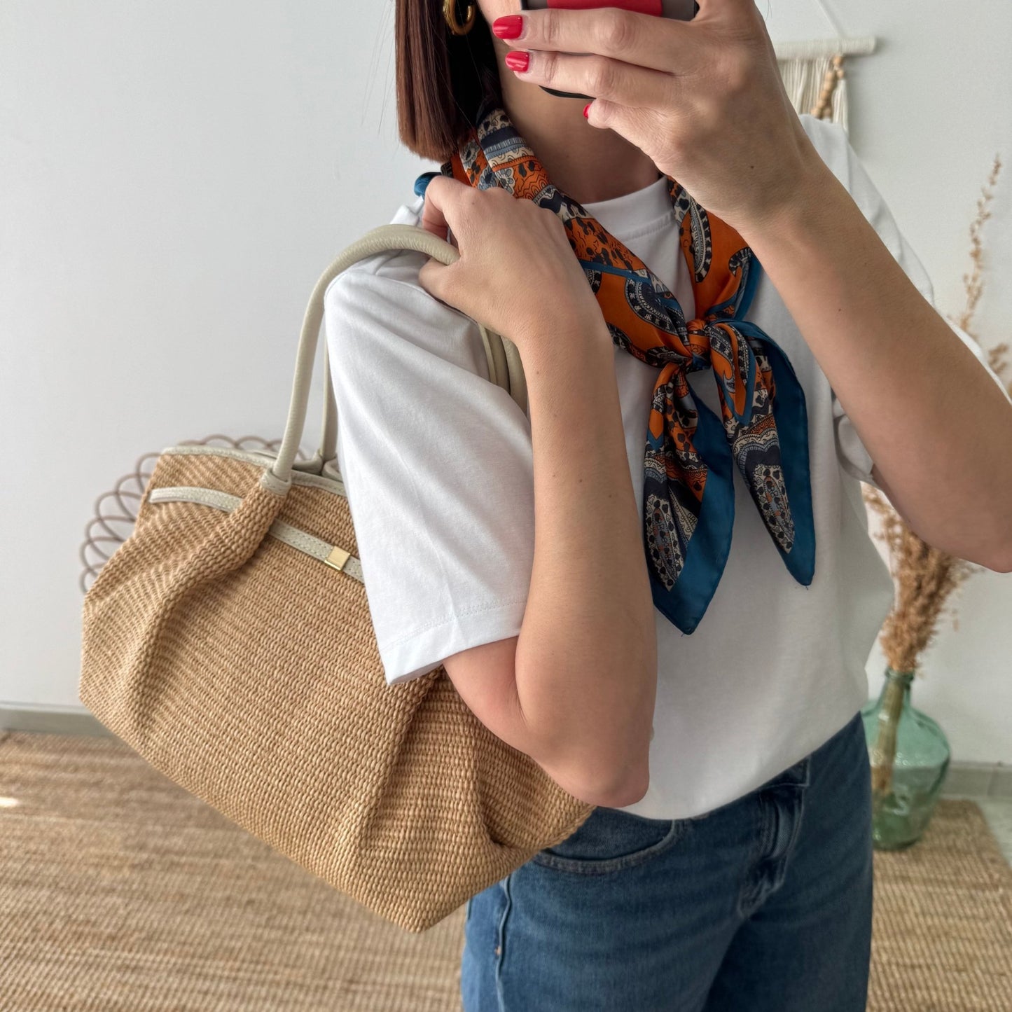 Bolso saco estructurado rafia y piel beige - Bubbleshopbcn