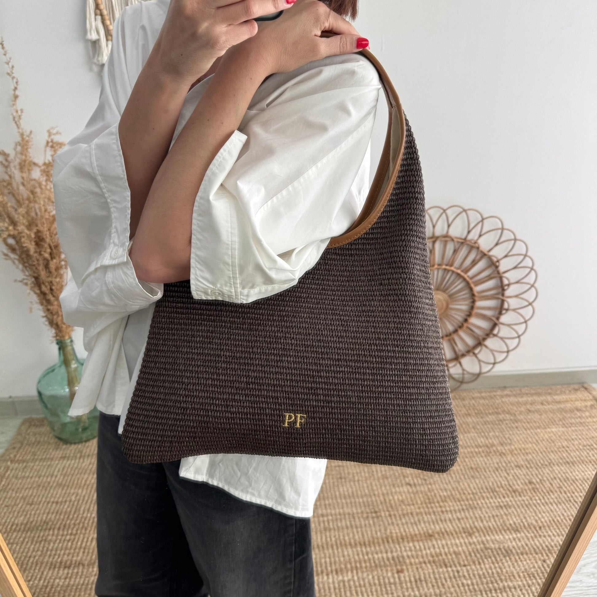 Bolso hobo combinado piel y rafia marrón - Bubbleshopbcn