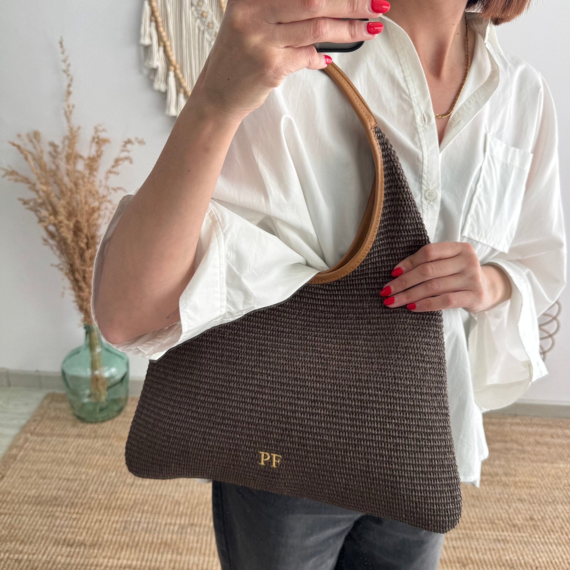 Bolso hobo combinado piel y rafia marrón - Bubbleshopbcn