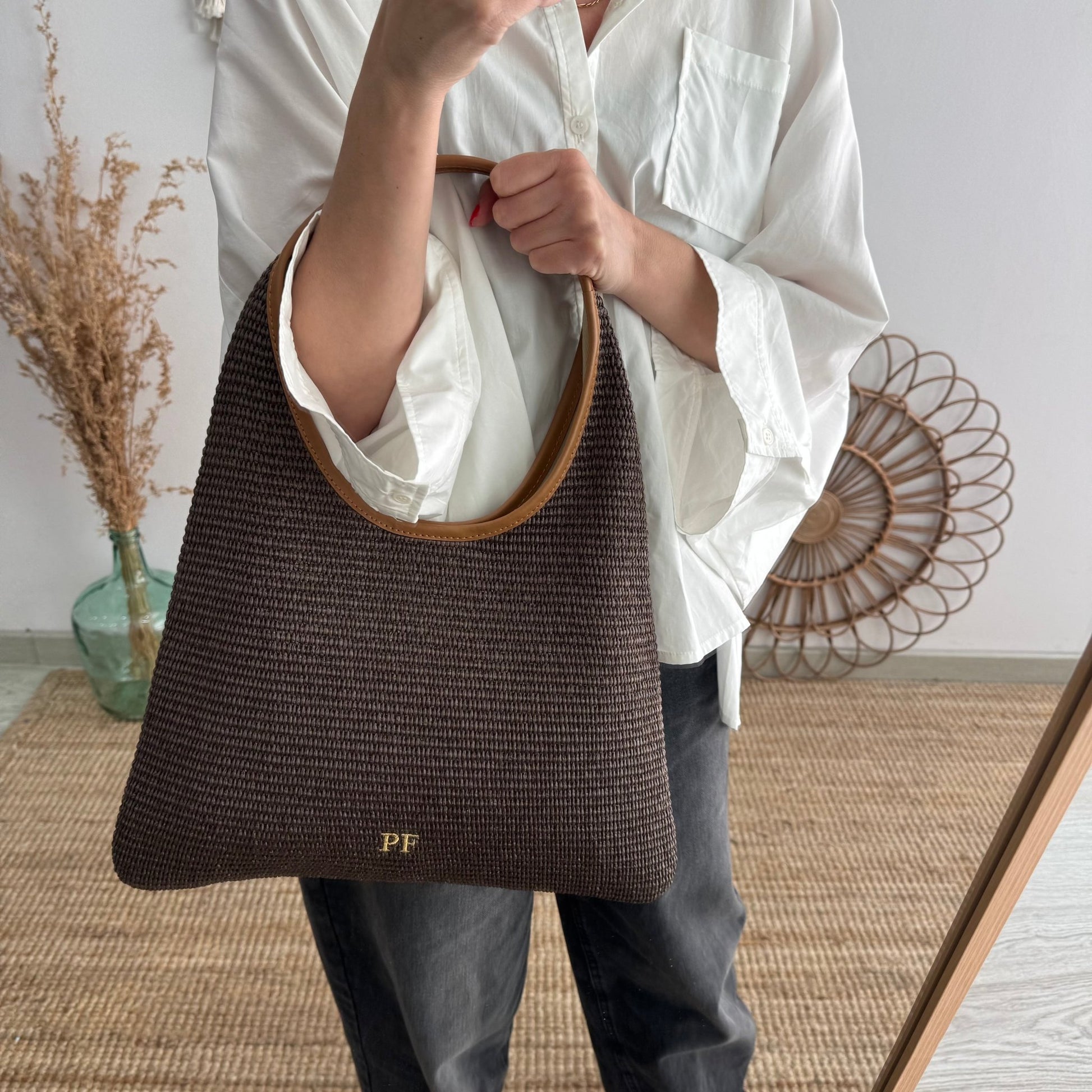 Bolso hobo combinado piel y rafia marrón - Bubbleshopbcn