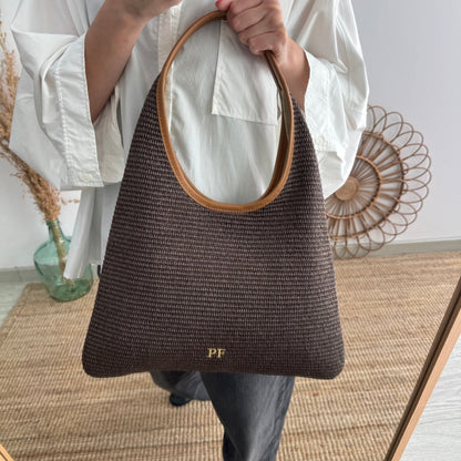 Bolso hobo combinado piel y rafia marrón - Bubbleshopbcn