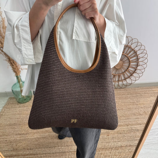 Bolso hobo combinado piel y rafia marrón