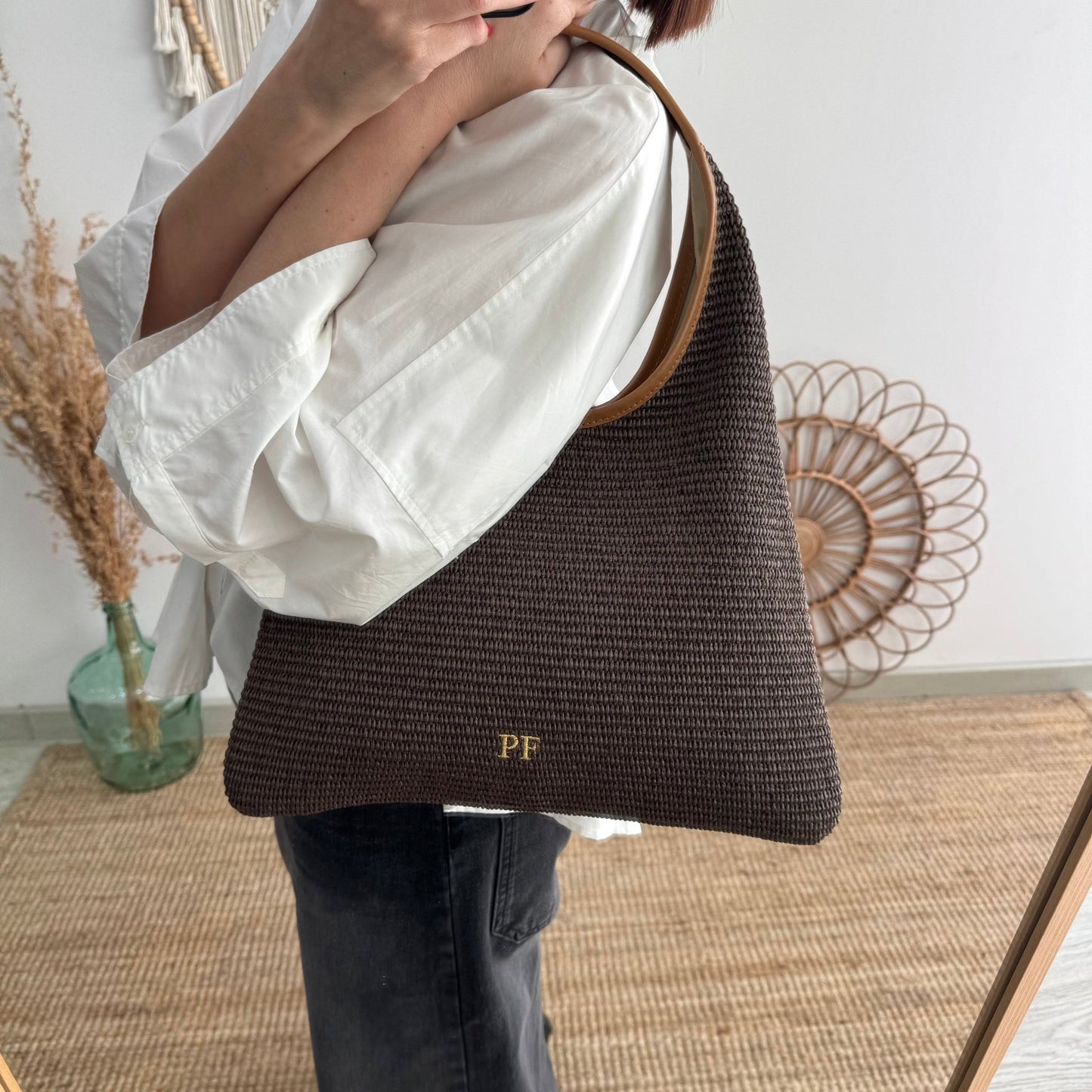 Bolso hobo combinado piel y rafia marrón - Bubbleshopbcn