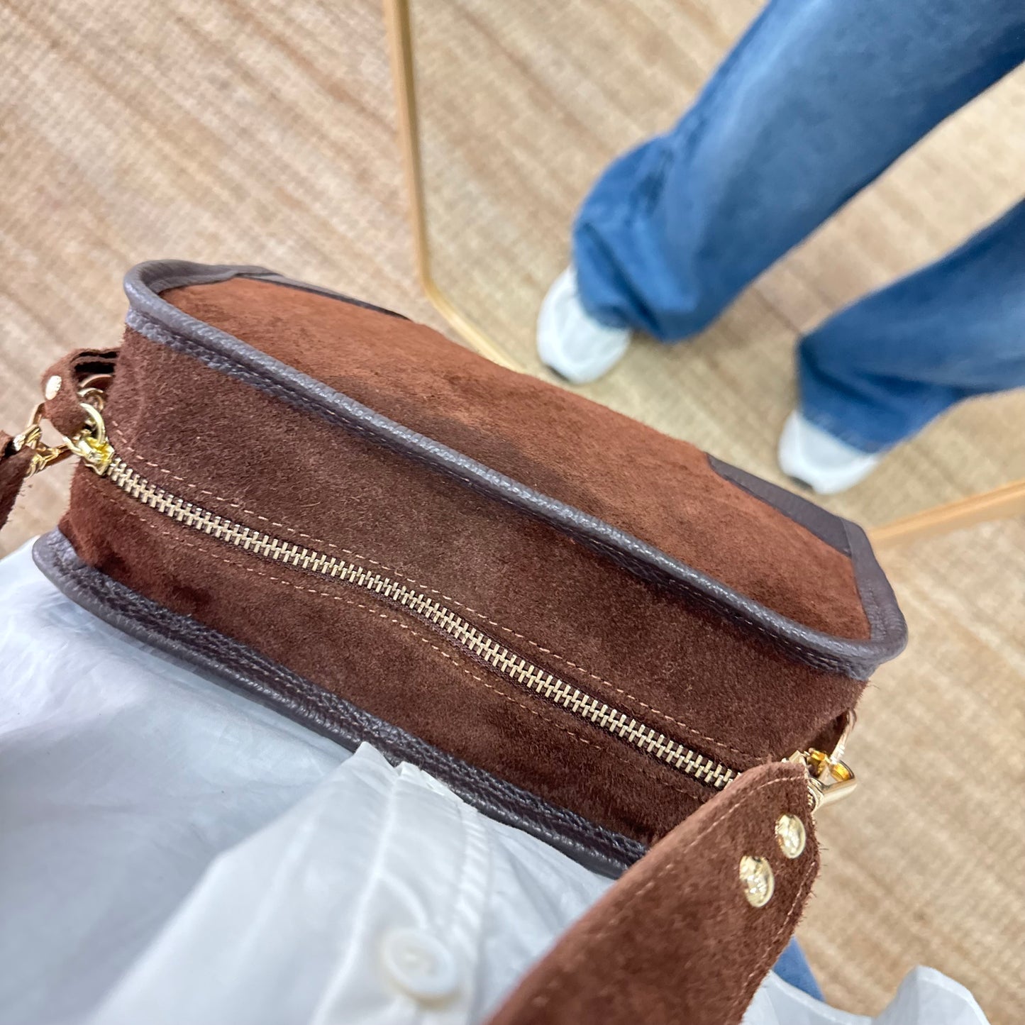 Bolso baúl serraje marrón claro y piel marrón