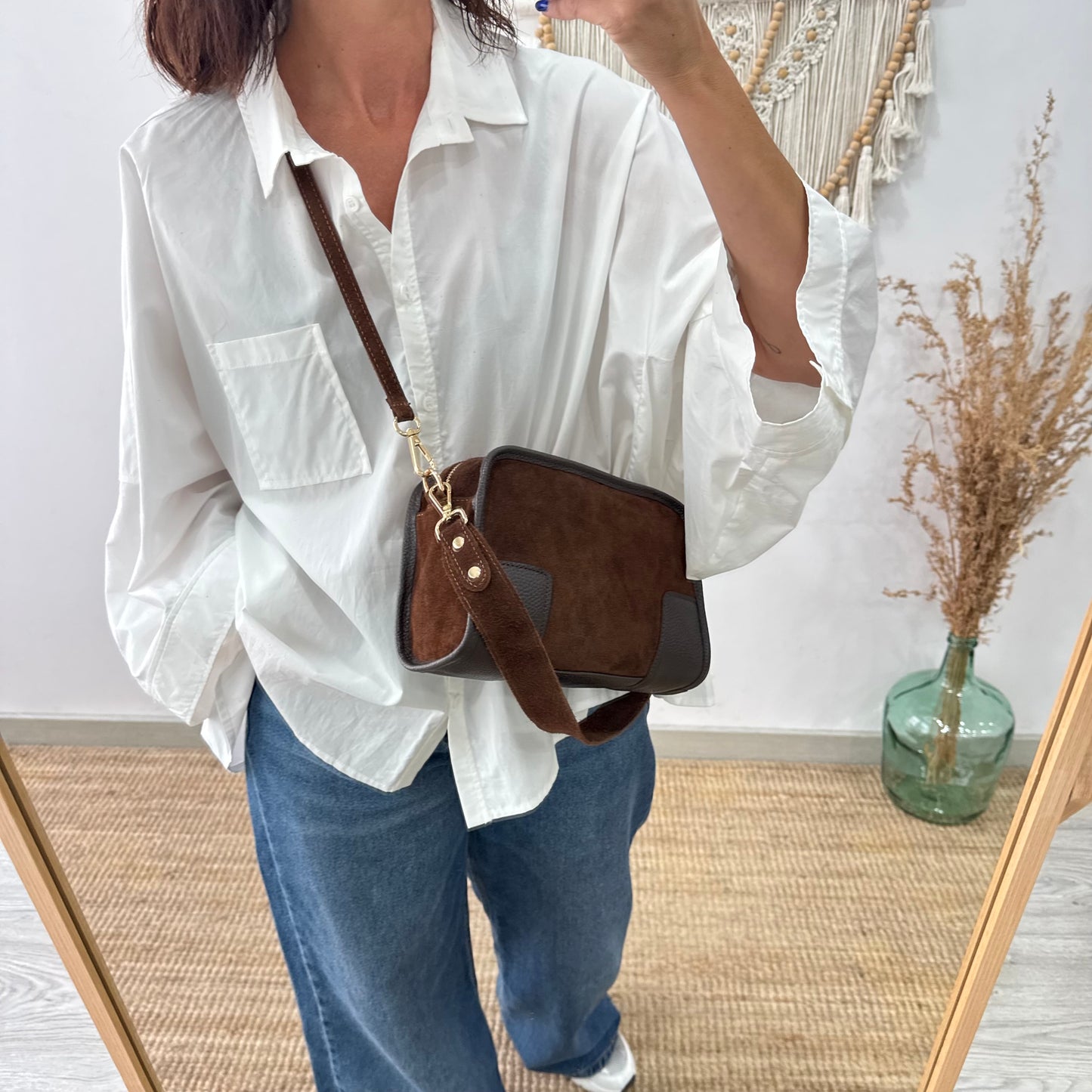 Bolso baúl serraje marrón claro y piel marrón