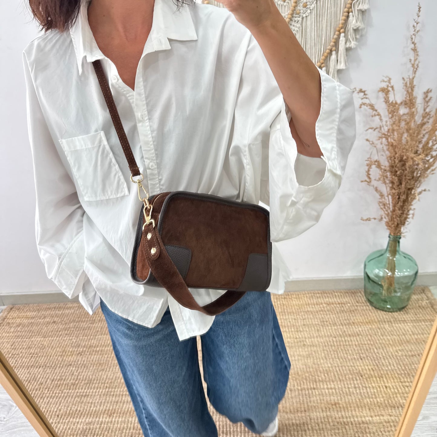 Bolso baúl serraje marrón claro y piel marrón