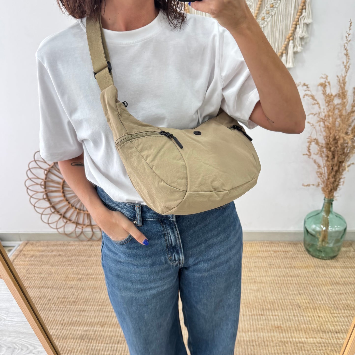 Bandolera nylon beige