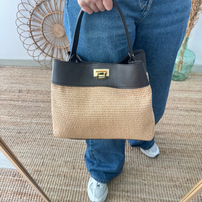 Bolso tote rafia y piel marrón iniciales bordadas