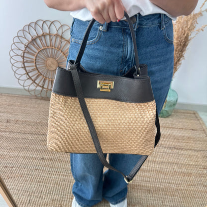 Bolso tote rafia y piel marrón iniciales bordadas