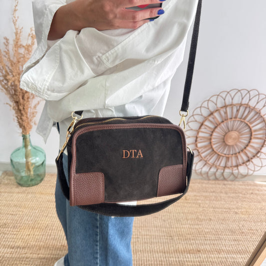 Bolso baúl serraje marrón y piel marrón