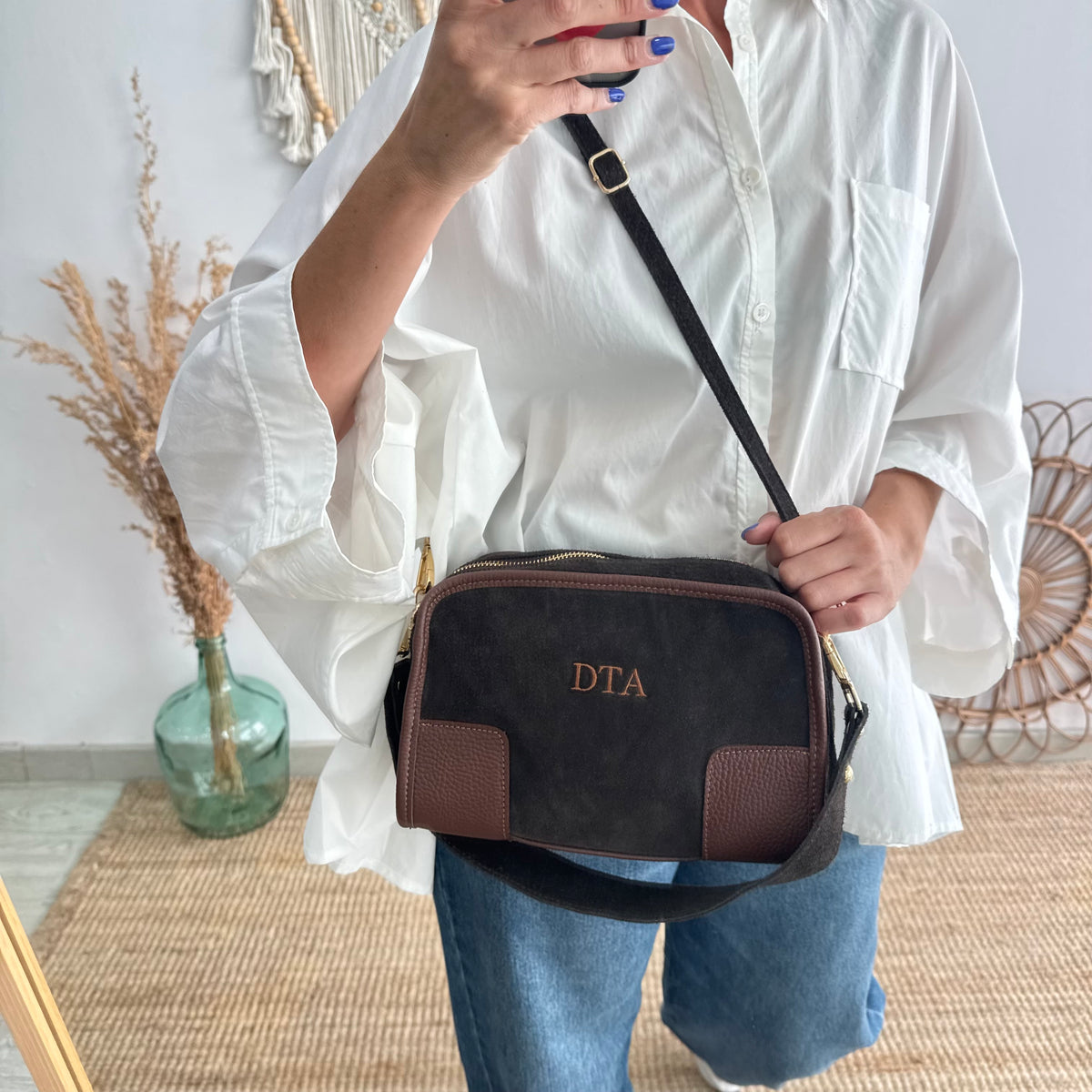 Bolso baúl serraje marrón y piel marrón