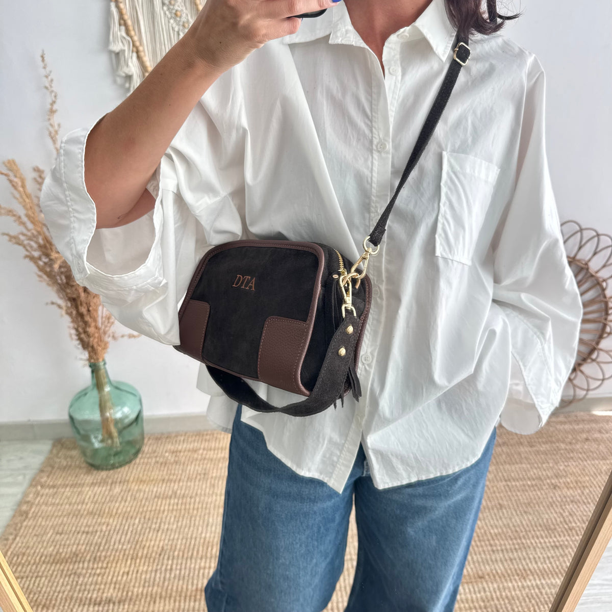 Bolso baúl serraje marrón y piel marrón