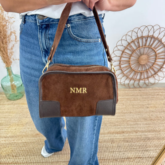 Bolso baúl serraje marrón claro y piel marrón