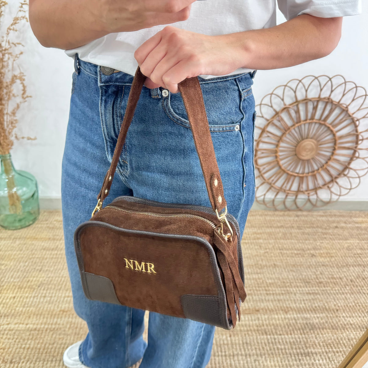 Bolso baúl serraje marrón claro y piel marrón