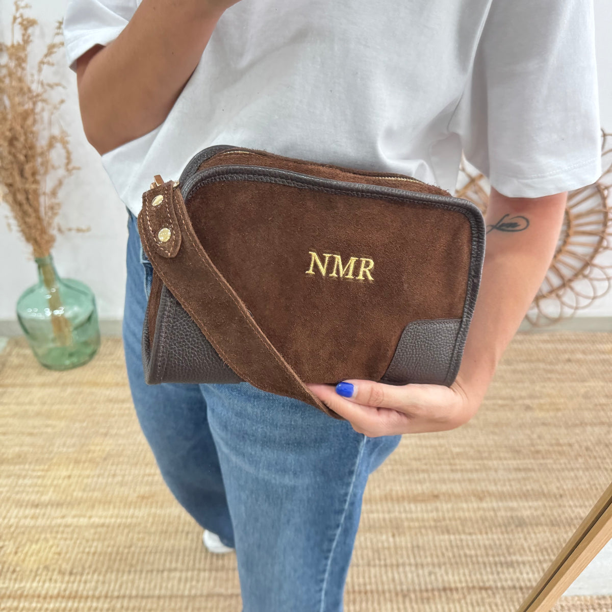 Bolso baúl serraje marrón claro y piel marrón