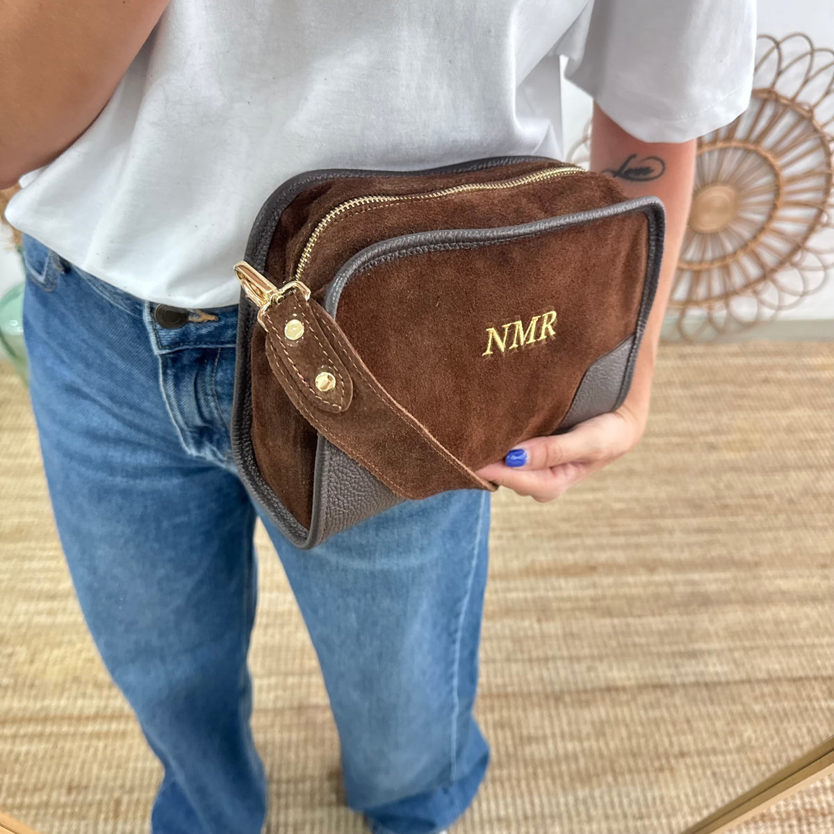 Bolso baúl serraje marrón claro y piel marrón