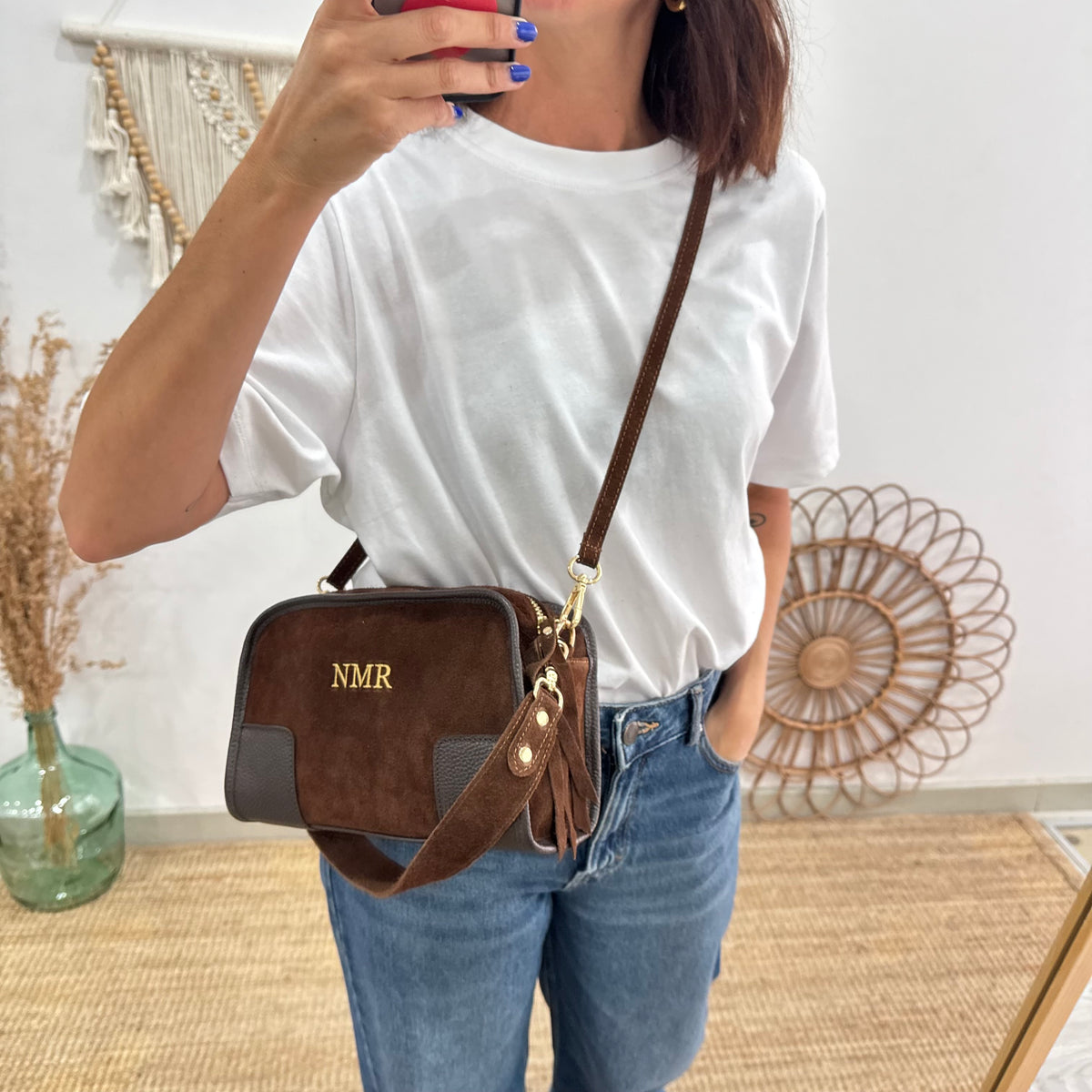 Bolso baúl serraje marrón claro y piel marrón