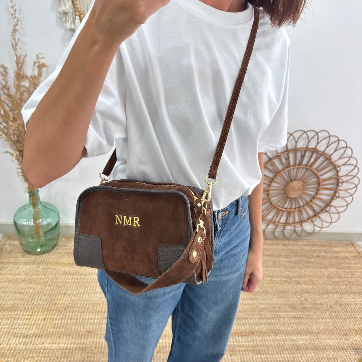Bolso baúl serraje marrón claro y piel marrón