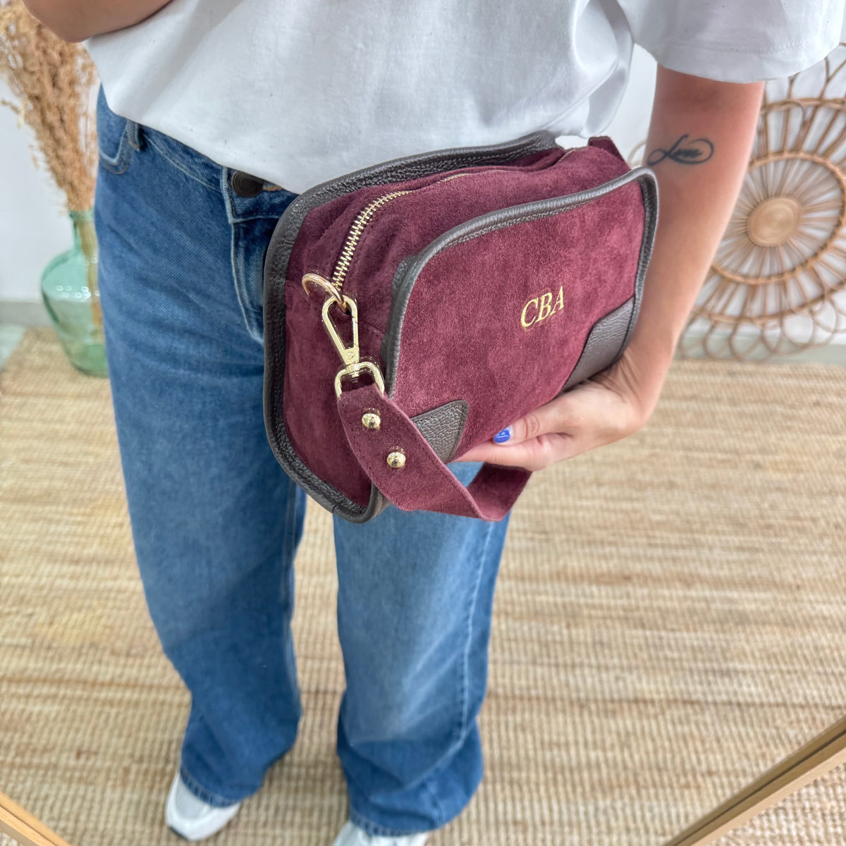 Bolso baúl serraje granate y piel marrón
