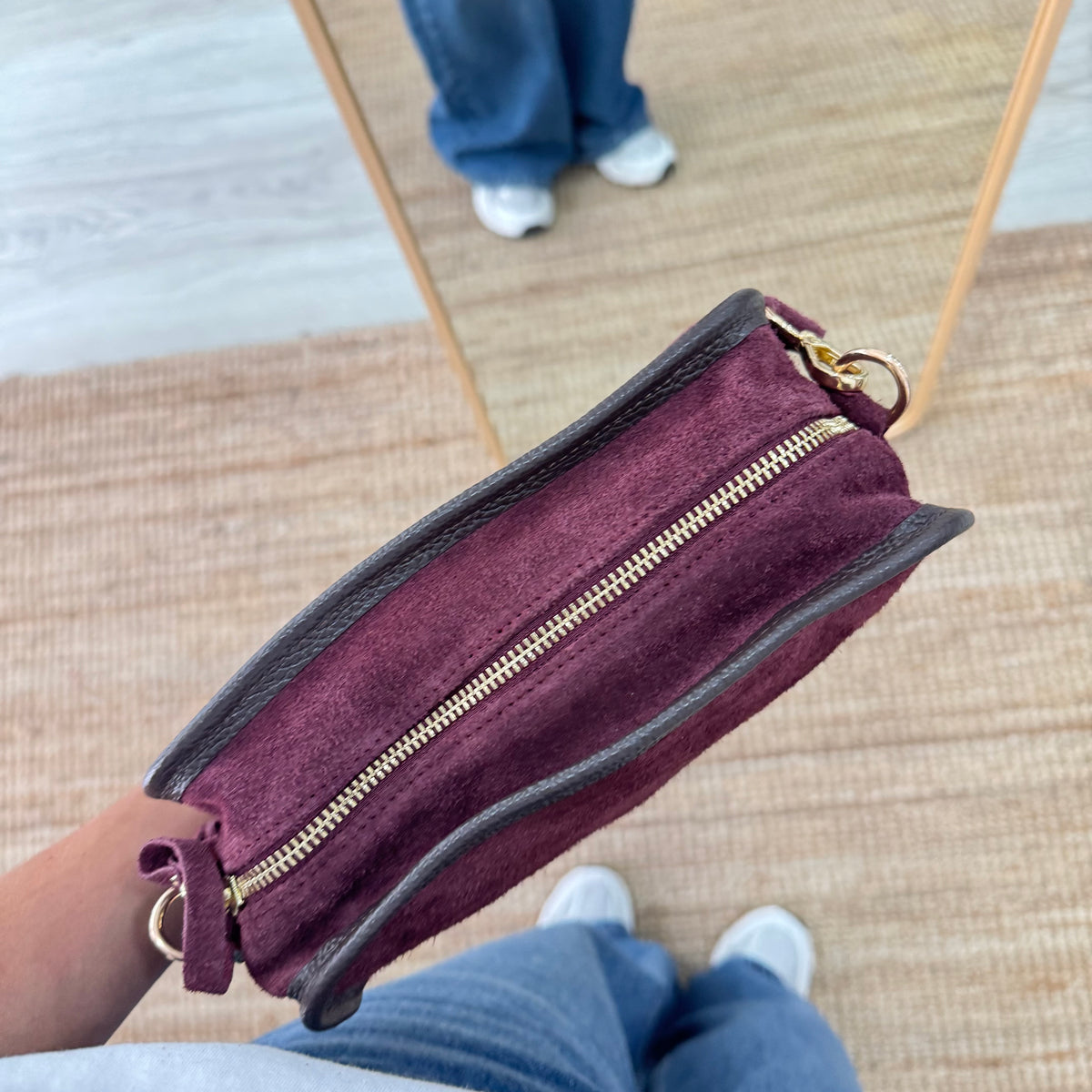 Bolso baúl serraje granate y piel marrón
