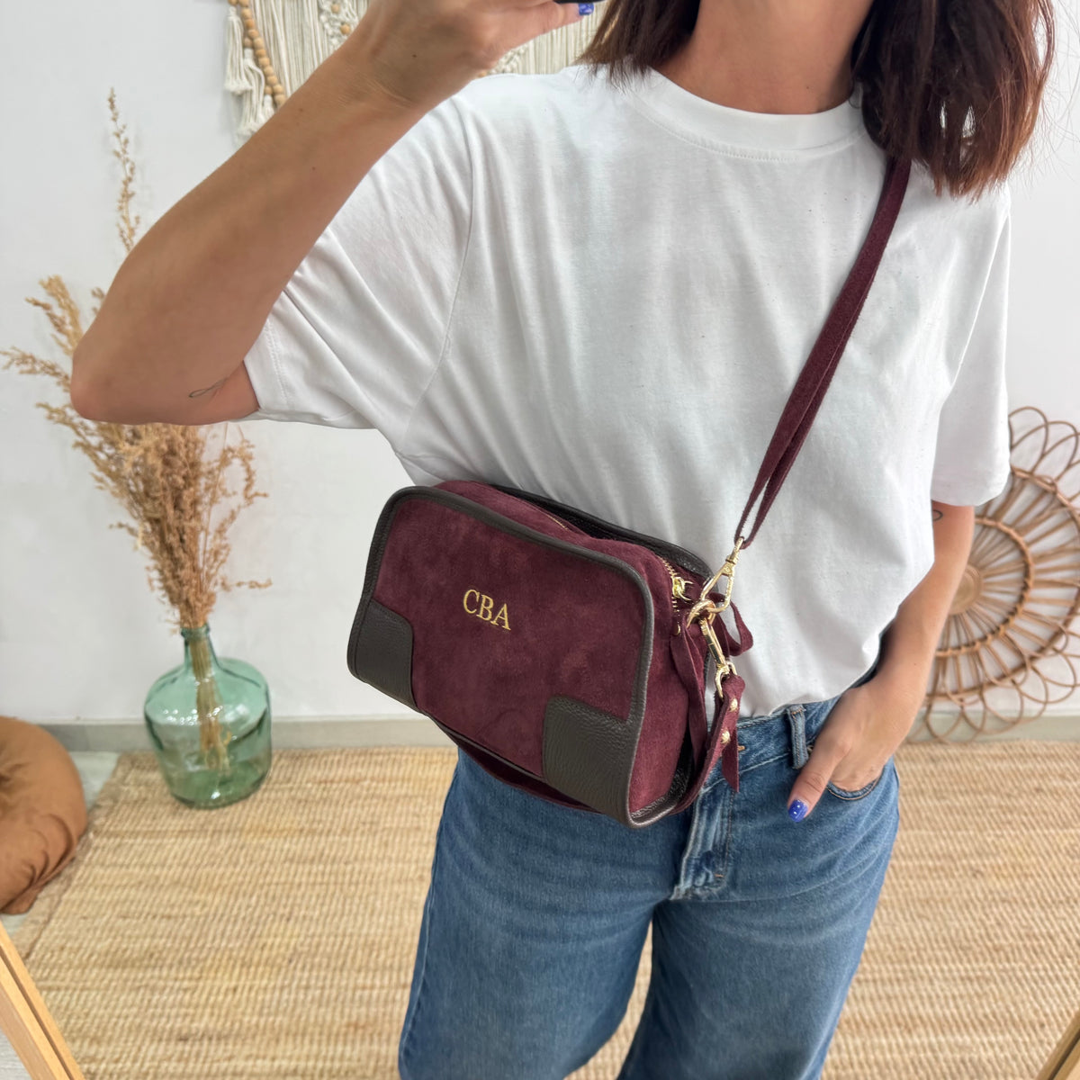Bolso baúl serraje granate y piel marrón