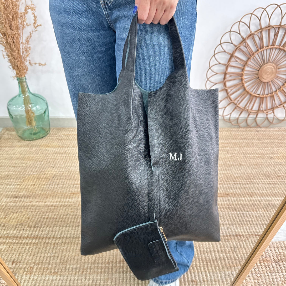 Bolso Tote piel negro con monedero