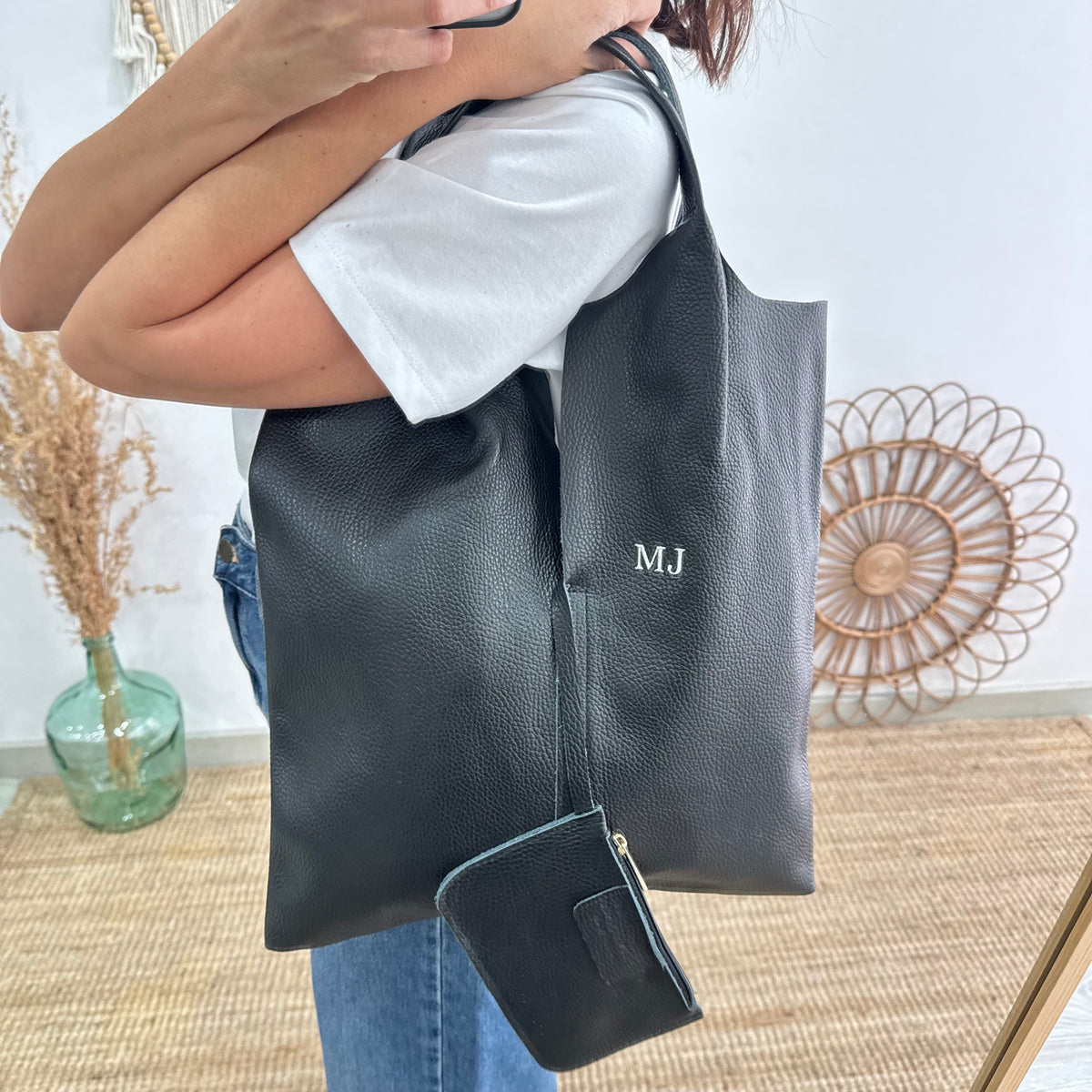 Bolso Tote piel negro con monedero