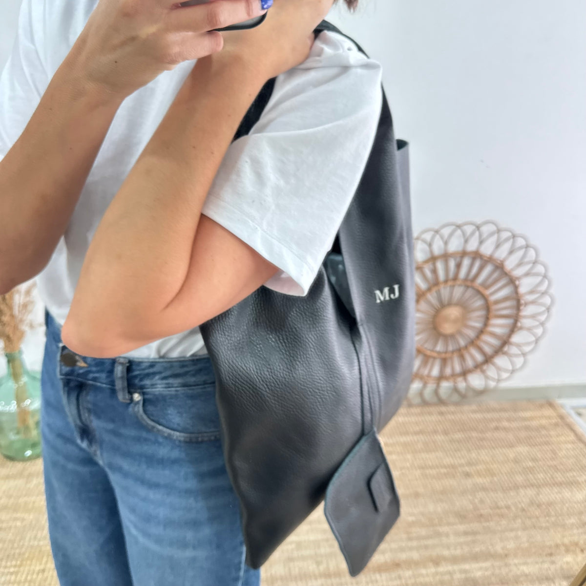 Bolso Tote piel negro con monedero
