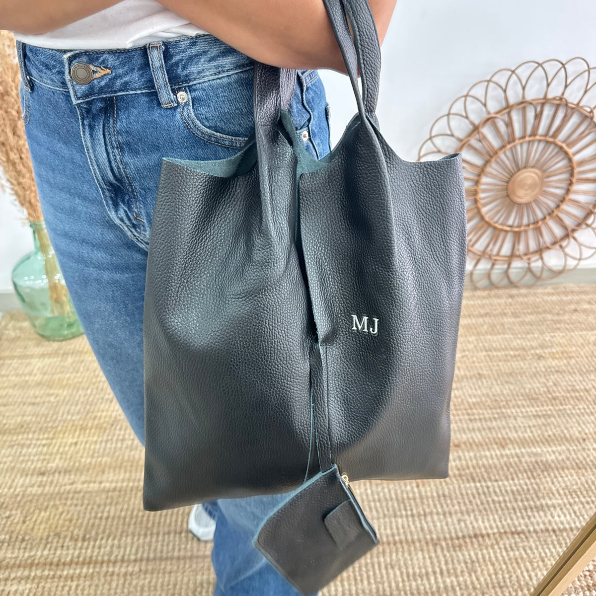 Bolso Tote piel negro con monedero