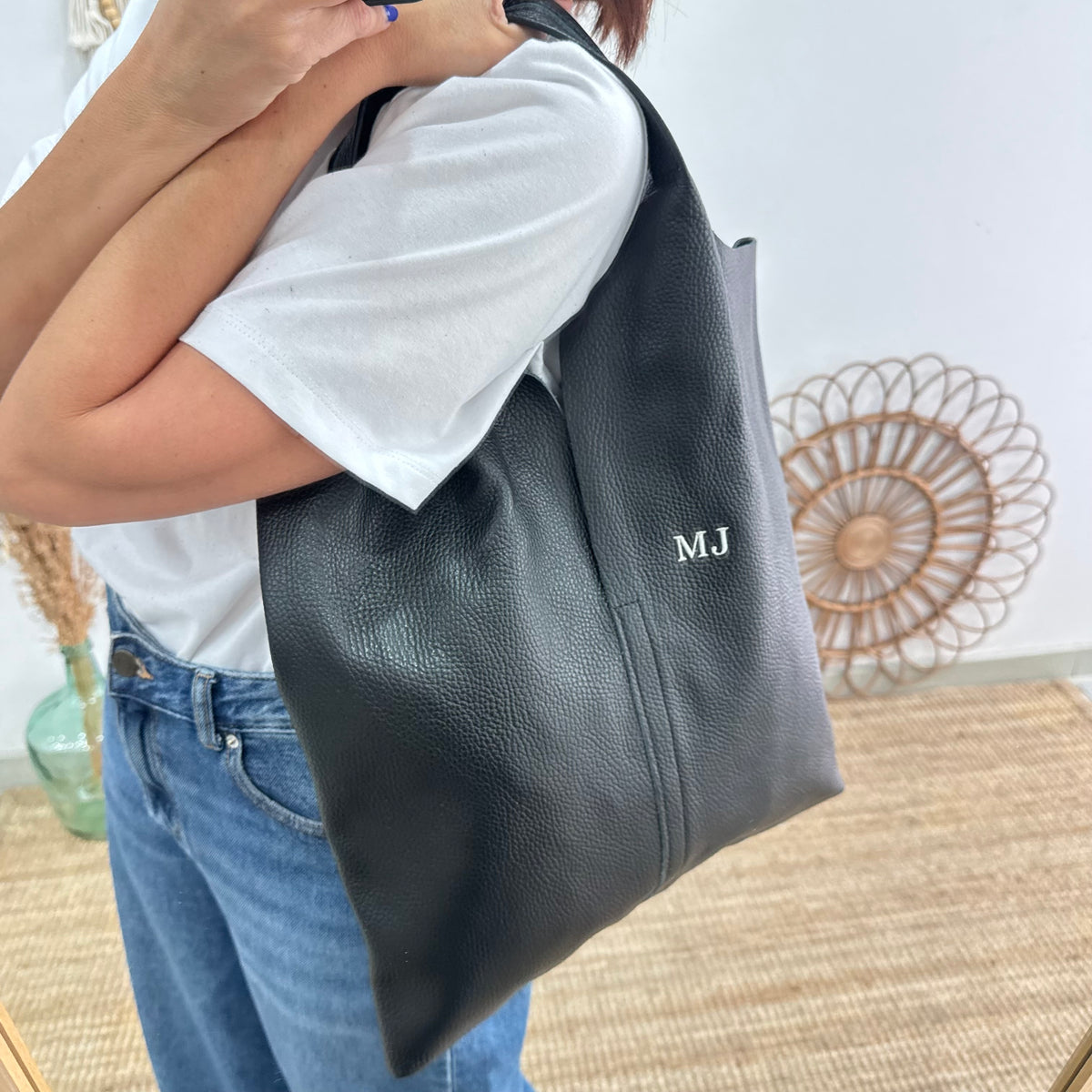 Bolso Tote piel negro con monedero