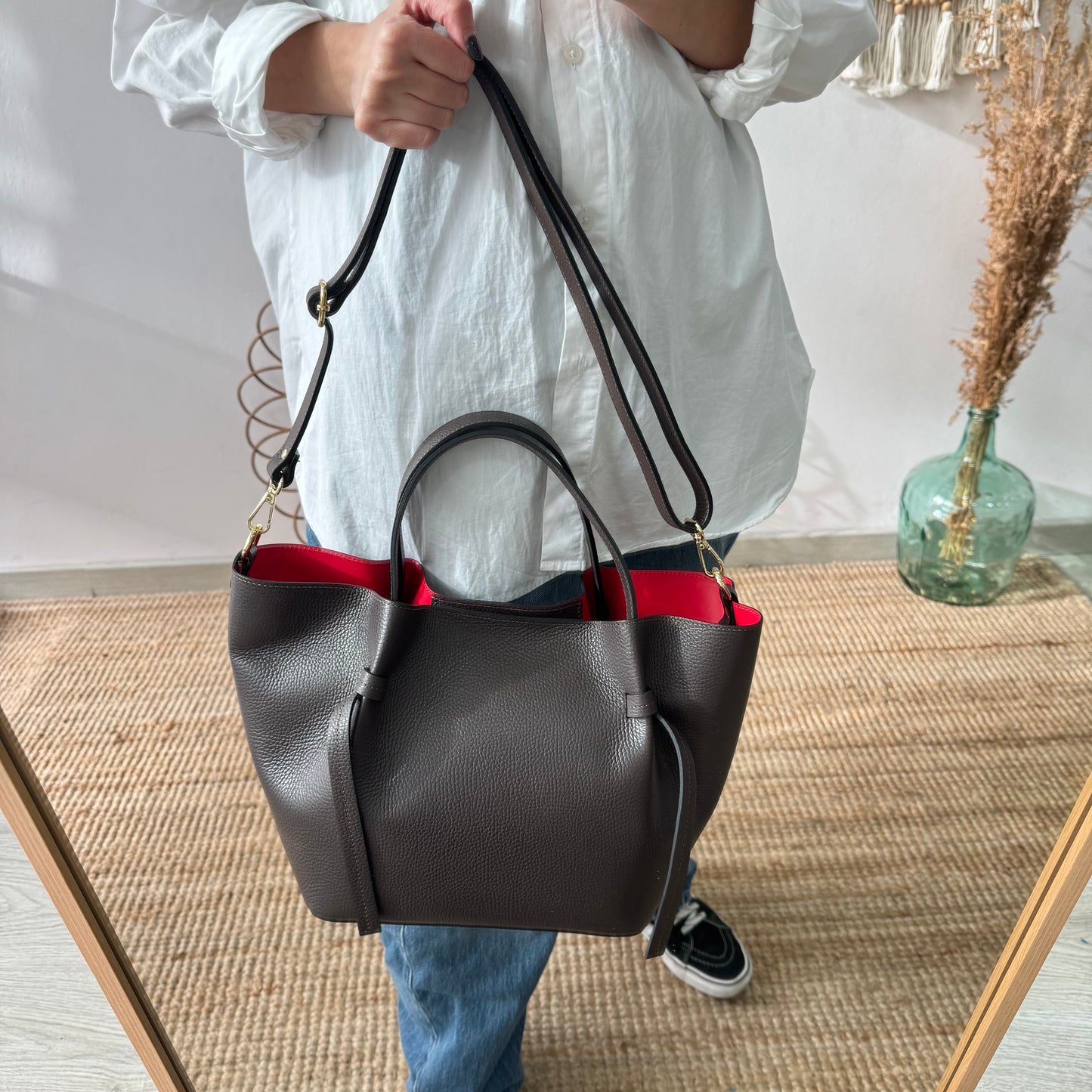 Bolso piel lazos marrón