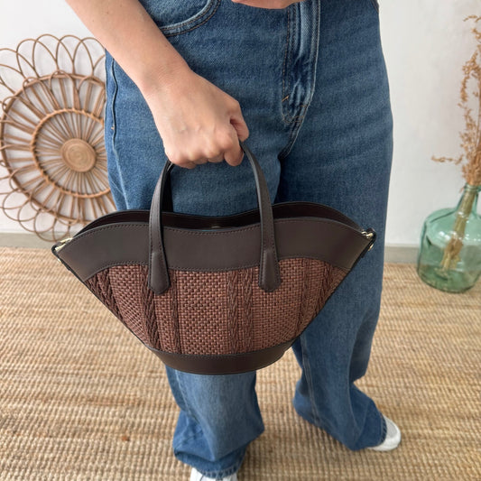 Mini Tote estructurado en piel y rafia marrón - Bubbleshopbcn