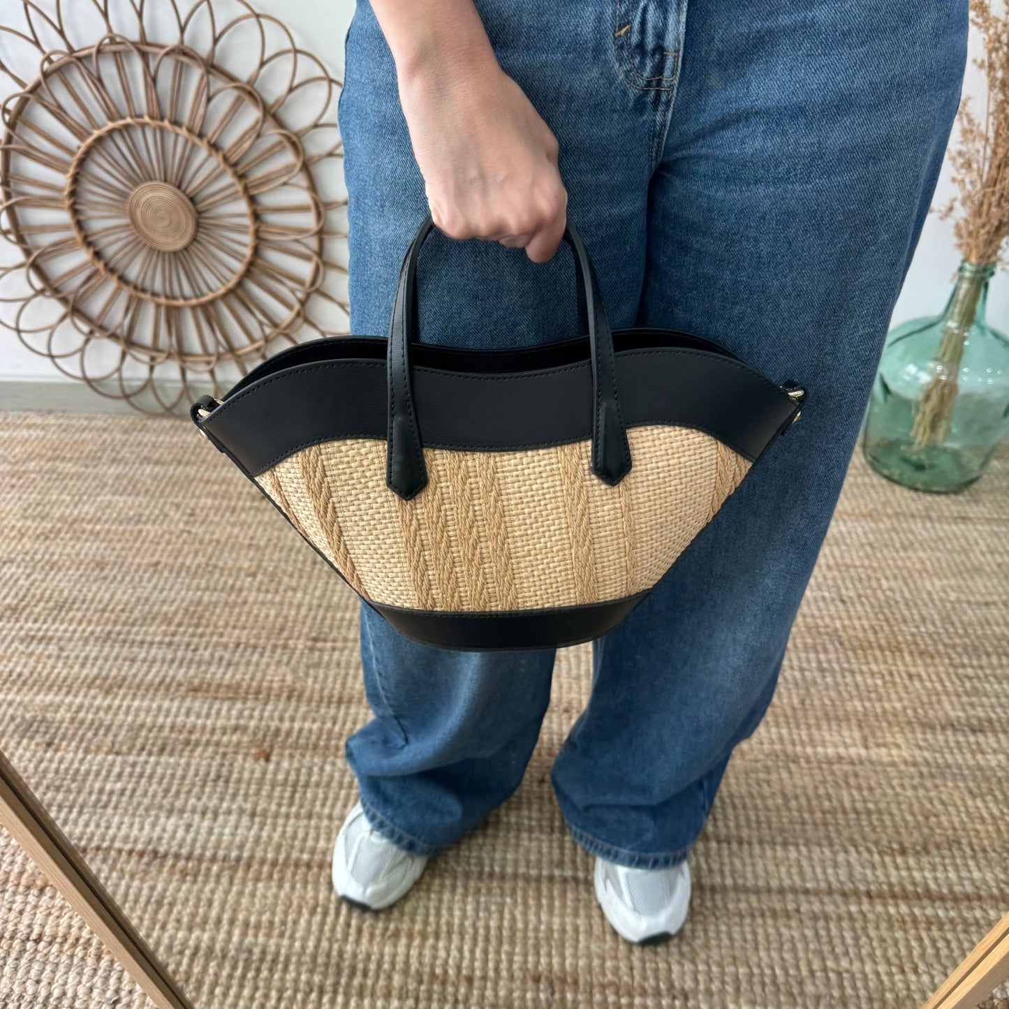 Mini Tote estructurado en piel y rafia negro - Bubbleshopbcn