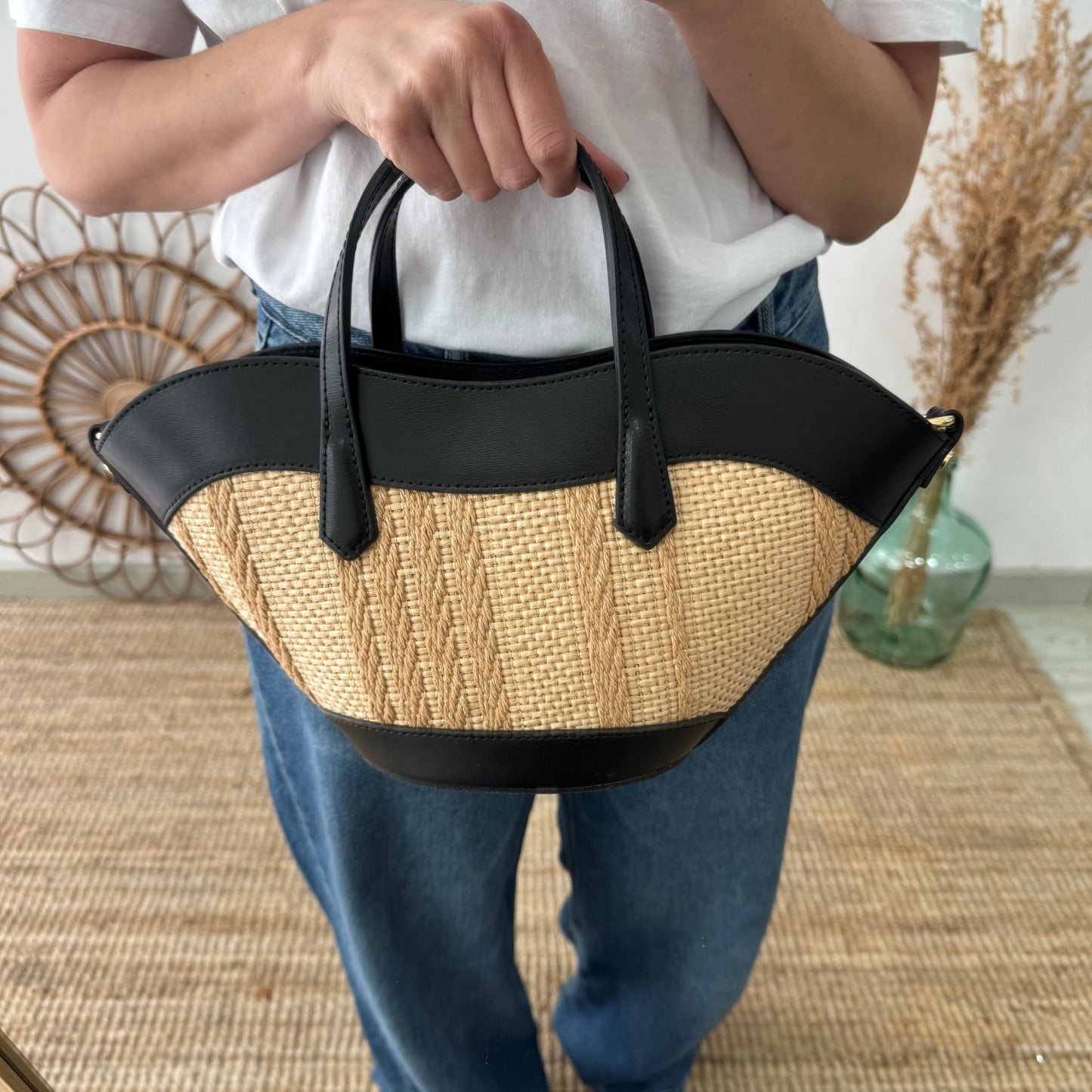 Mini Tote estructurado en piel y rafia negro - Bubbleshopbcn