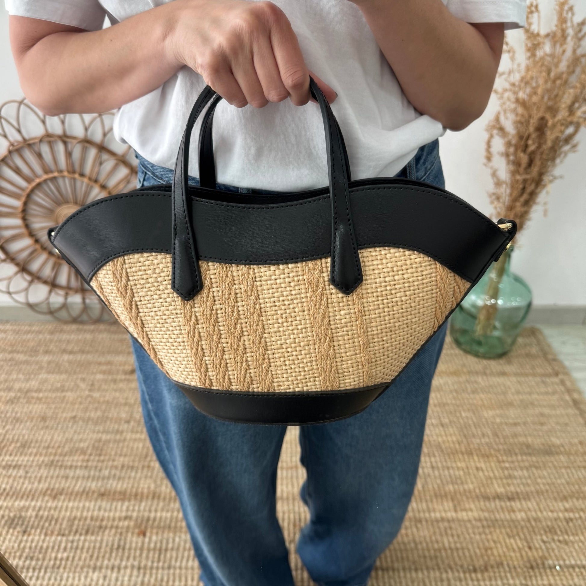 Mini Tote estructurado en piel y rafia negro - Bubbleshopbcn